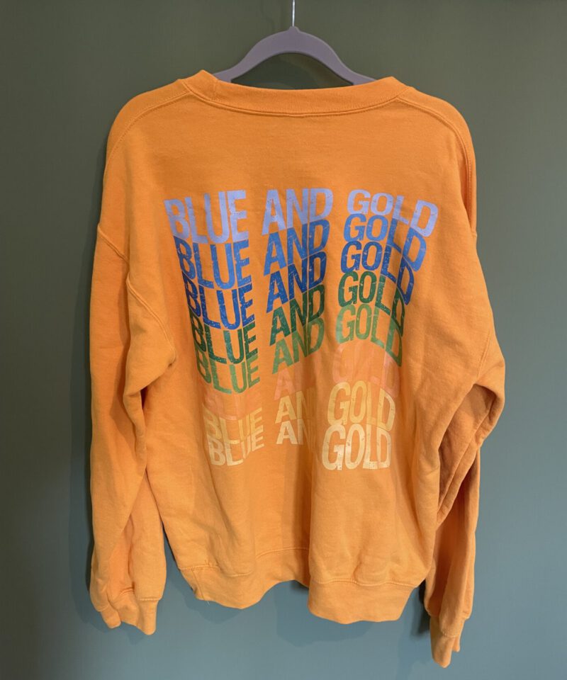 Blue and gold, gold sweater medium