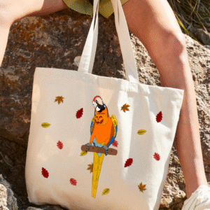 Grote herbruikbare tote bag met oranje gele camelot ara papegaai print herfst