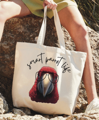 Grote herbruikbare tote bag met groenvleugel ara papegaai print smart bird life