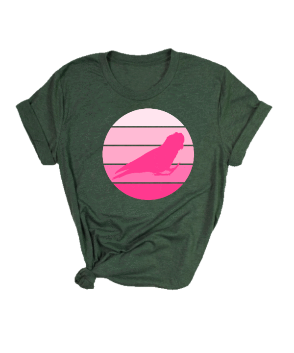 Shirt met silhouet van roze kaketoe in retro zonsondergang design