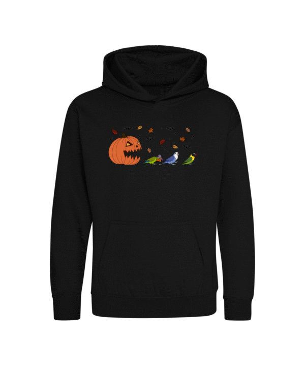Spooky pompoen agapornis kinder hoodie zwart
